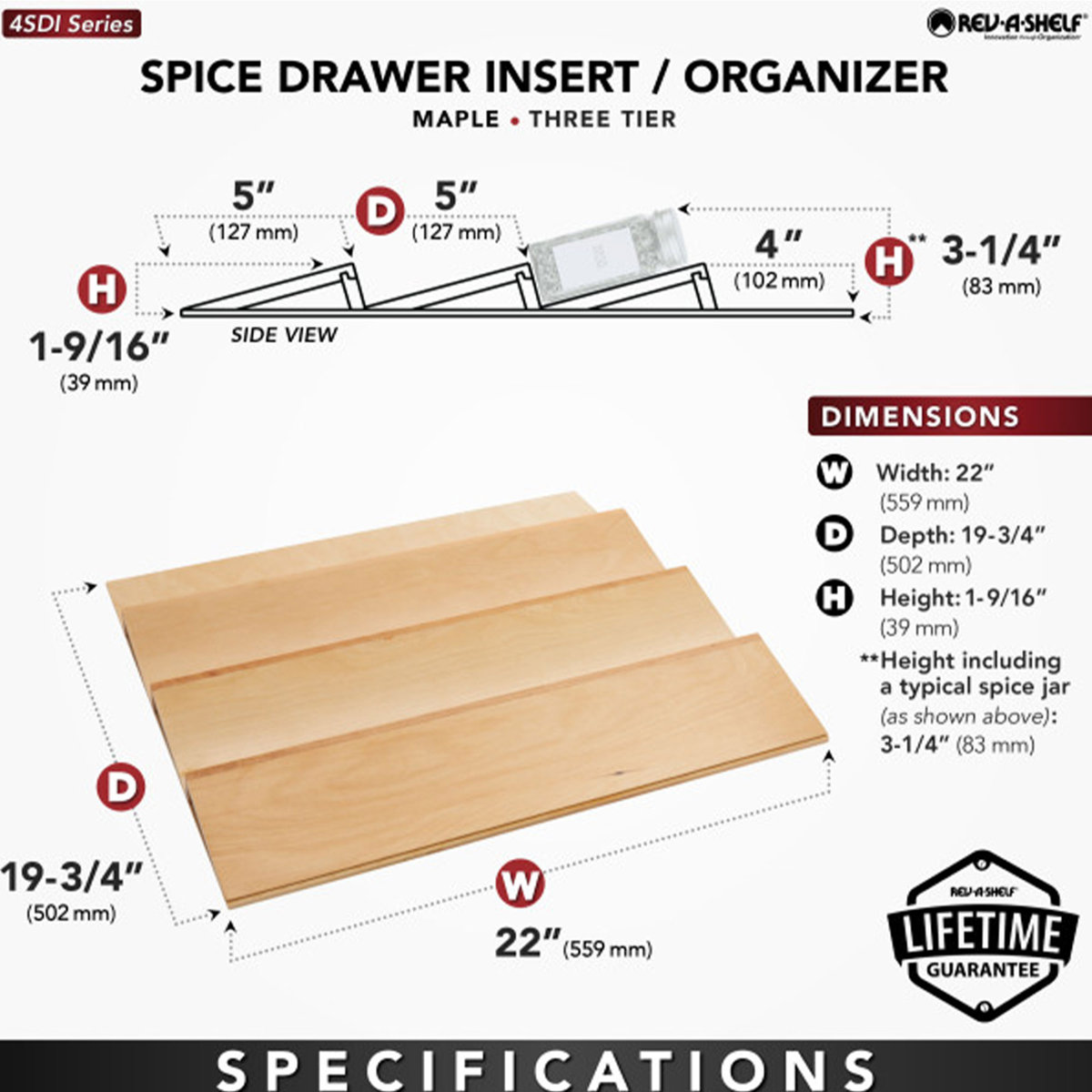 Rev-A-Shelf Kitchen Drawer Organizer Insert Spice Rack Three-Tier